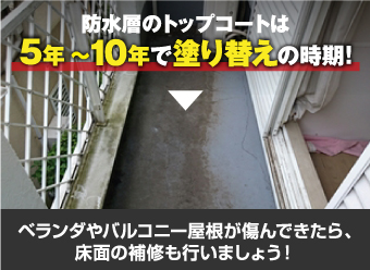 ベランダやバルコニー屋根が傷んできたら、 床面の補修も行いましょう!